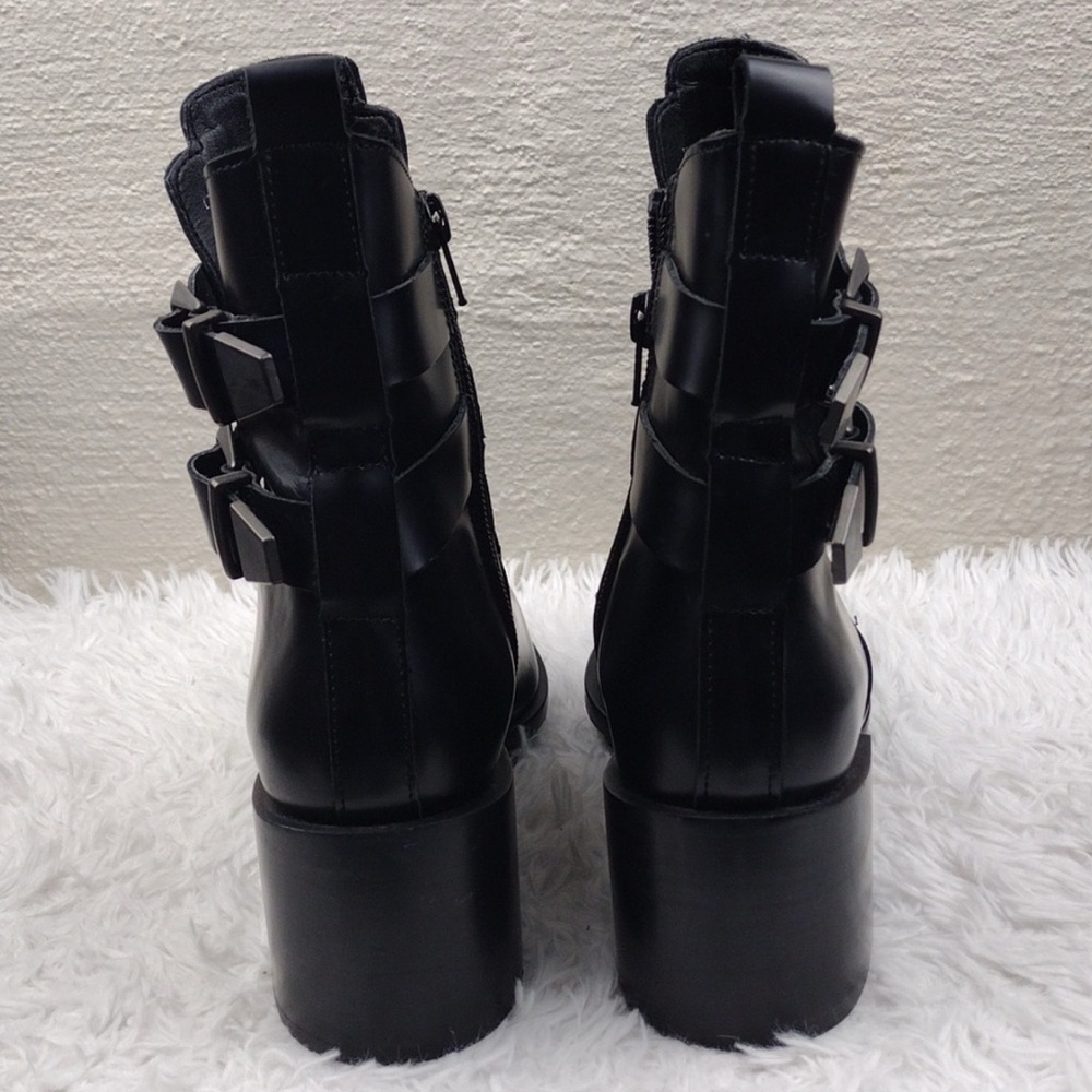 Zara Trafaluc Black Leather Two Buckle Pointed-Toe Blocked Heel Moto Ankle Boot - Picture 6 of 13
